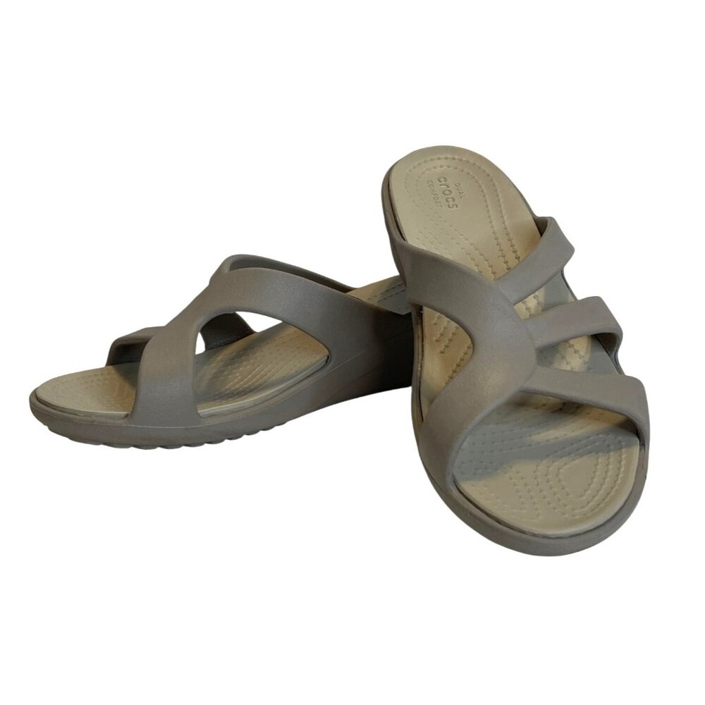 Crocs Sandal Wedge Strap Slides Slip on Water Shoes Flip Flop Size 10 Khaki Tan - Picture 8 of 8